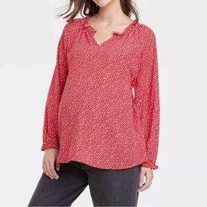 Isabel Maternity‎ Red White Floral Long Sleeve Ruffle Top- Small